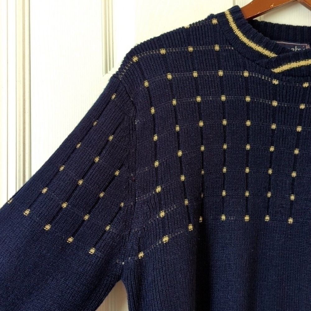 Barnaby 80's Vintage Funky Ribbed & Dotted Yoke Knit Crewneck Sweater Navy Large - Picture 3 of 7